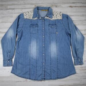 Wrangler blue denim & lace yolk pearl button snap long sleeve top sz XXL western